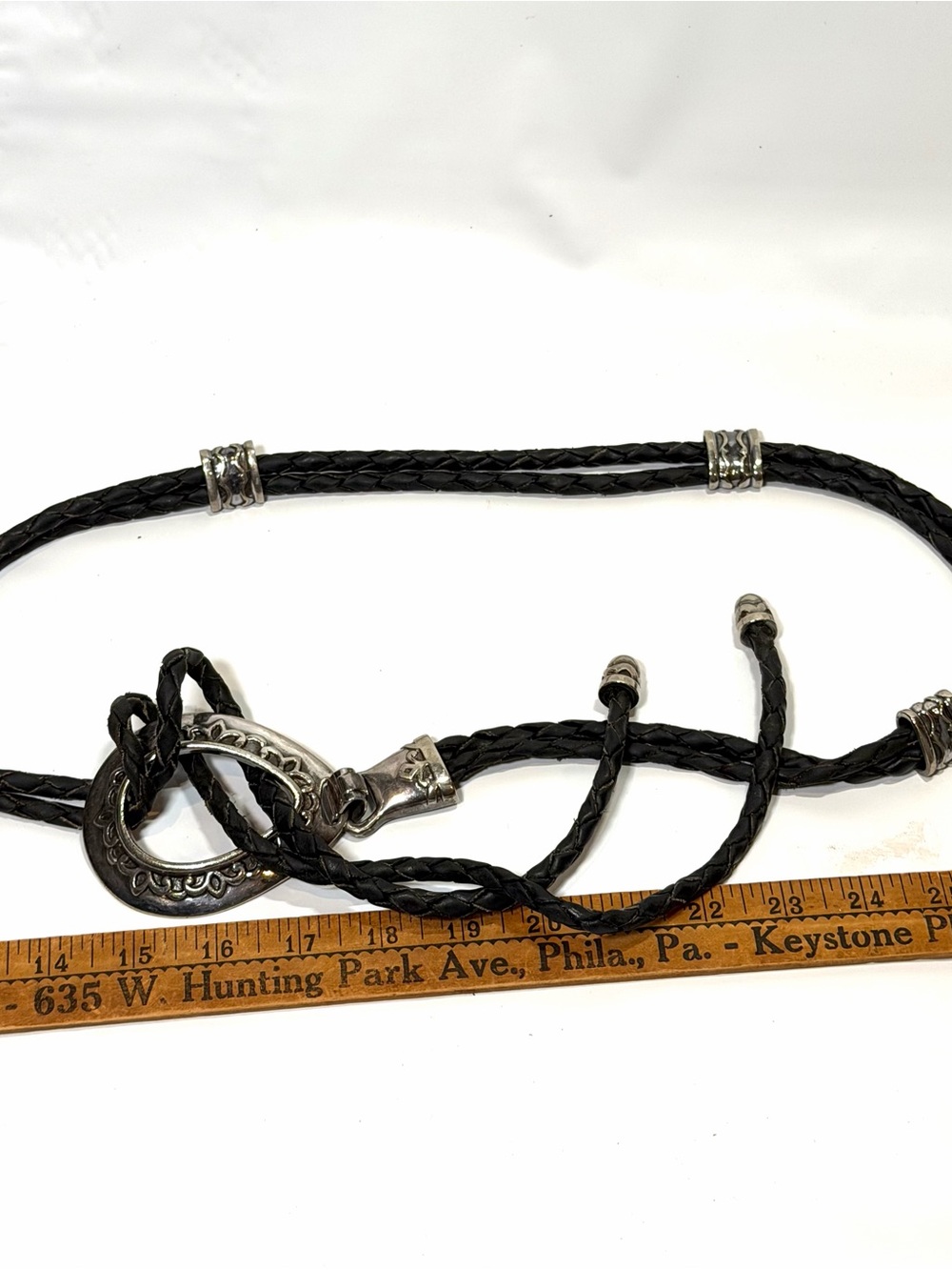 Vintage Brighton Braided Leather Belt with Ornate Silver Pendant 1994 Y2K